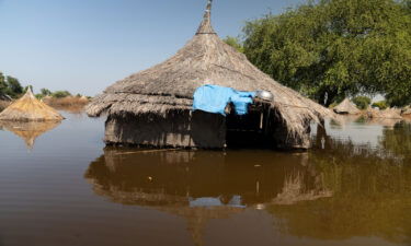 A hut with a straw roof pokes out from the floodwaters in the town of Ding Ding.