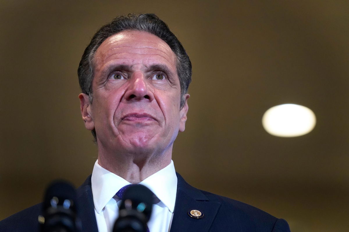 <i>Seth Wenig/Pool/Getty Images</i><br/>Then-Gov. Andrew Cuomo speaks at a pop-up vaccination site