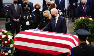 Sen. Bob Dole's funeral service set to take place at Washington National Cathedral. US President Joe Biden (R) and US First Lady Dr. Jill Biden are seen in Washington