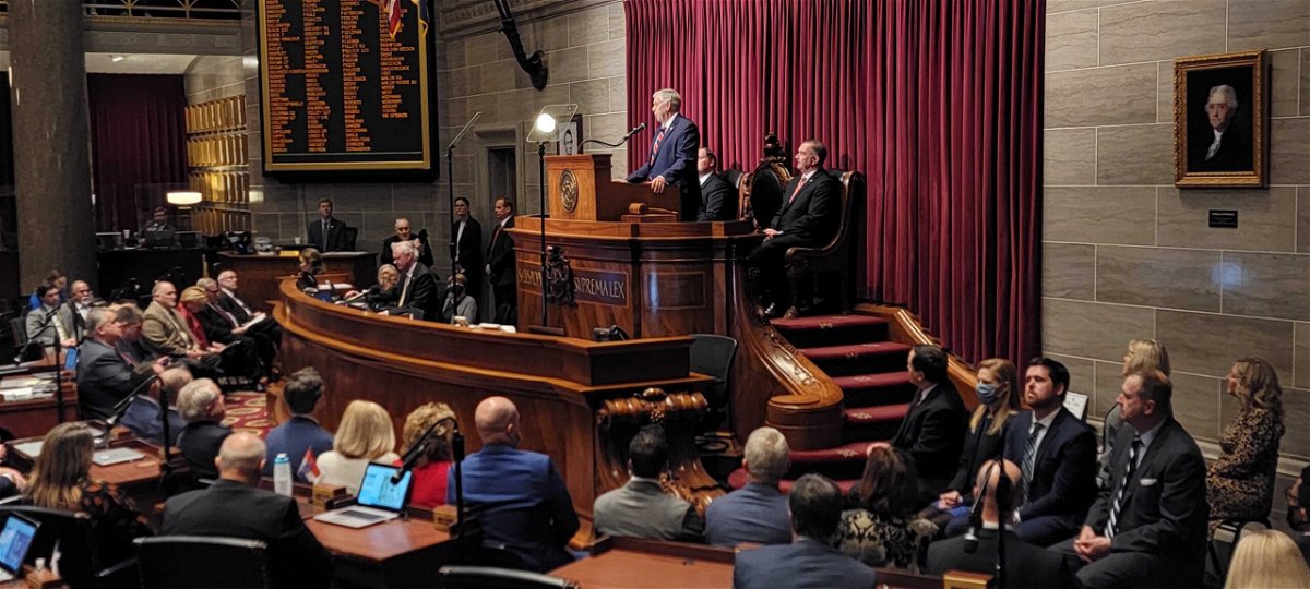 Gov. Mike Parson delivers the annual State of the State address in the House chambers of the Missouri Capitol on Wednesday, Jan. 19. 2022.