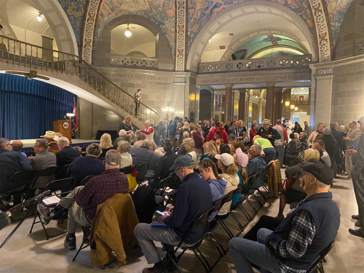 Protesters against vaccine mandates rally in the Missouri Capitol Rotunda on Monday, Jan. 31, 2022.