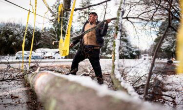 Galberto Castro cleans up the debris from a fallen tree in front of his home along Polo Road on January 3