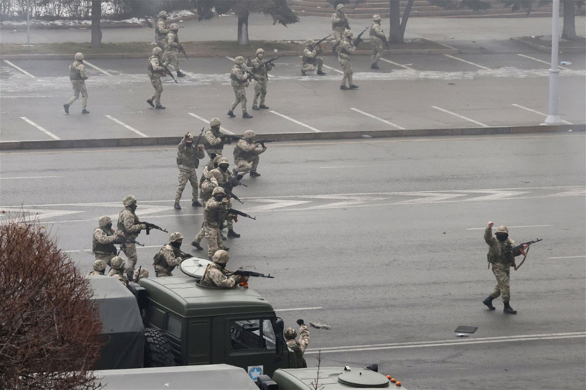 <i>Valery Sharifulin/TASS/Getty Images</i><br/>Security forces are seen in Kazakhstan as protests continued into January 5.