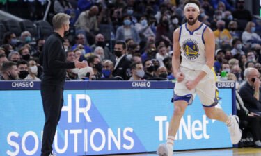 Klay Thompson (11) reacts to a foul call against him In the first half as the Golden State Warriors played the Cleveland Cavaliers at Chase Center in San Francisco on January 9.
