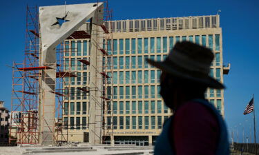 A concrete Cuban flag is erected in front of the US Embassy in Havana in April 2021.
