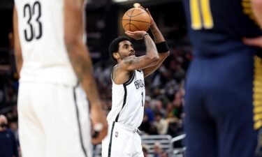Kyrie Irving #11of the Brooklyn Nets shoots the ball during the game against the Indiana Pacers at Gainbridge Fieldhouse on January 5