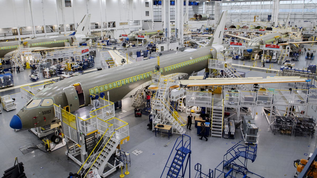 <i>Graham Hughes/Bloomberg/Getty Images</i><br/>An Airbus A220 plane at the Airbus Canada LP assembly and finishing site in Quebec