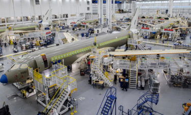An Airbus A220 plane at the Airbus Canada LP assembly and finishing site in Quebec