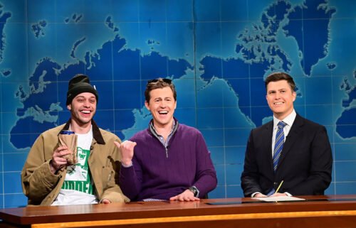 Pete Davidson  Alex Moffat and Colin Jost during Weekend Update on "Saturday Night Live" January 22.