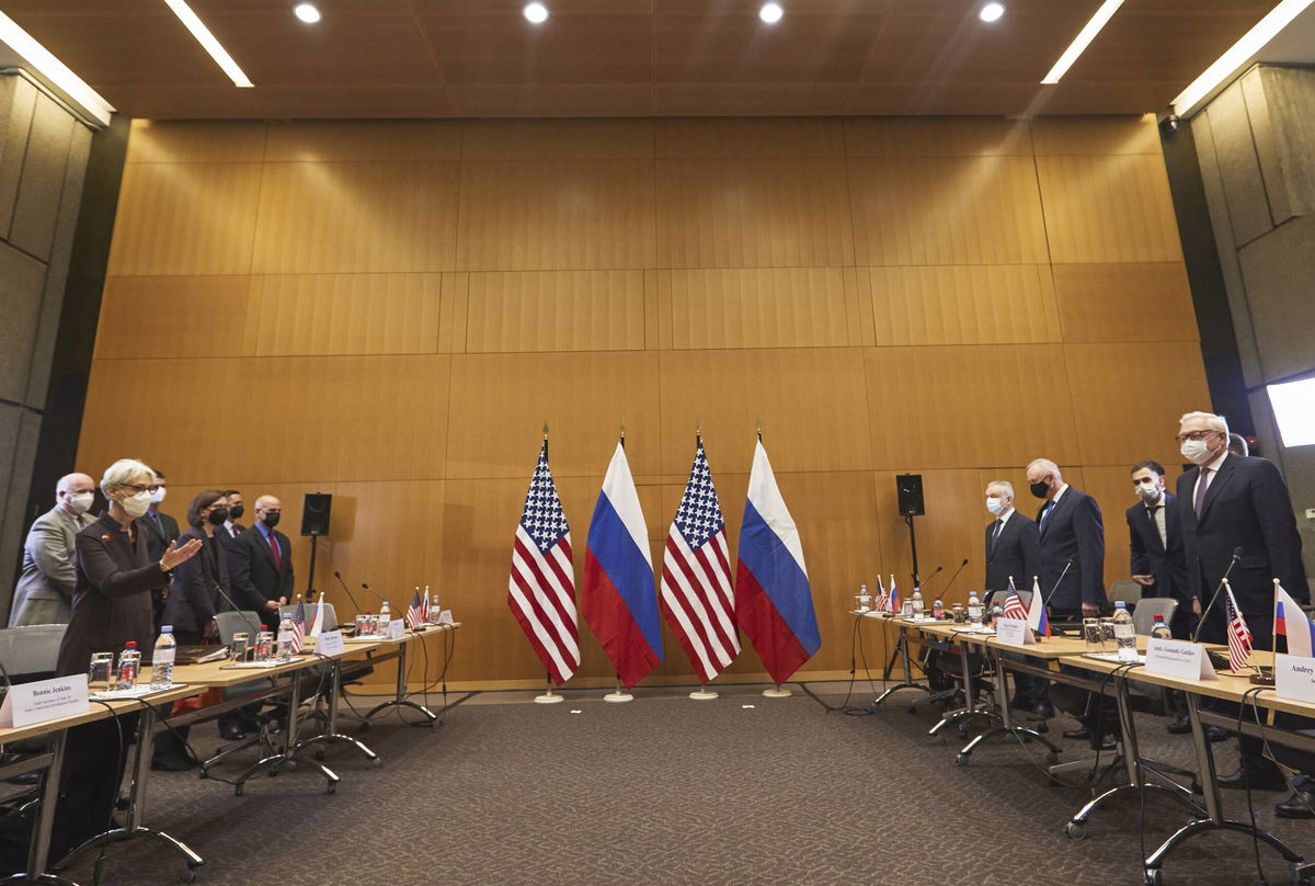 <i>Denis Balibouse/AP</i><br/>Wendy Sherman (L) and Sergey Ryabkov (R) attend security talks on Monday in Geneva