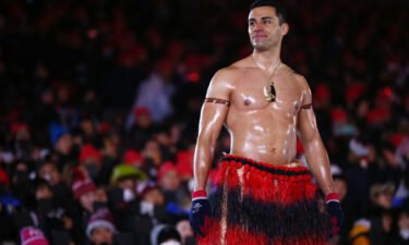Pita Taufatofua of Tonga stands on stage during the Closing Ceremony of the PyeongChang 2018 Winter Olympic Games at PyeongChang Olympic Stadium on February 25