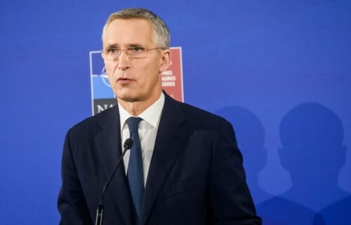 NATO Secretary General Jens Stoltenberg addresses a press conference during a meeting of NATO foreign ministers in Riga