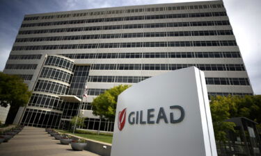 A sign is posted in front of the Gilead Sciences headquarters on April 29