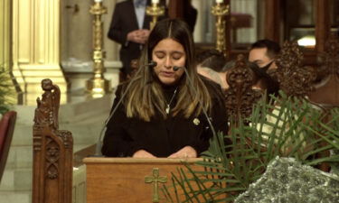 The widow of slain New York Police Department Officer Jason Rivera tearfully recalled her childhood love at his funeral January 28