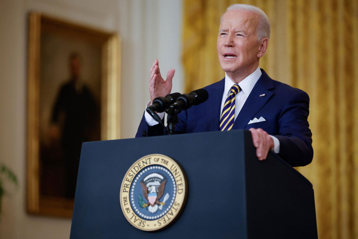 <i>Chip Somodevilla/Getty Images</i><br/>President Joe Biden makes an opening statement during a news conference in the East Room of the White House on January 19