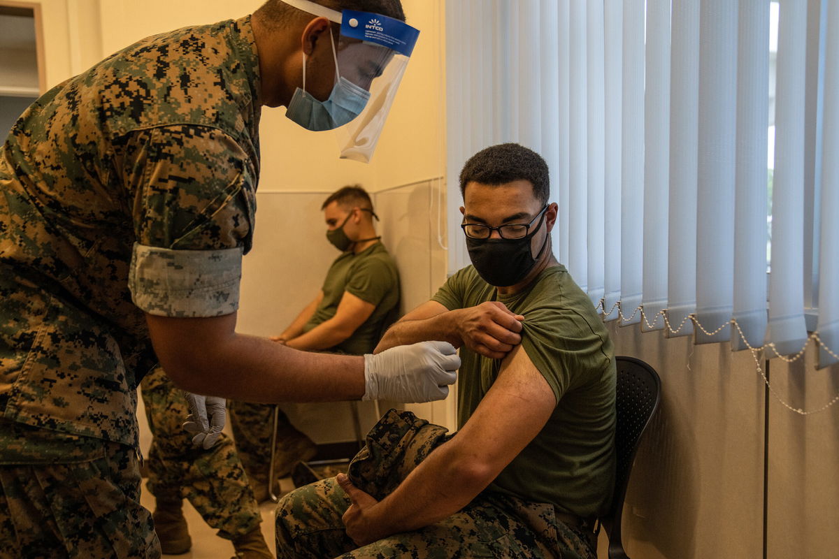 <i>Carl Court/Getty Images</i><br/>The Marine Corps granted two religious exemptions to the military's Covid-19 vaccine mandate