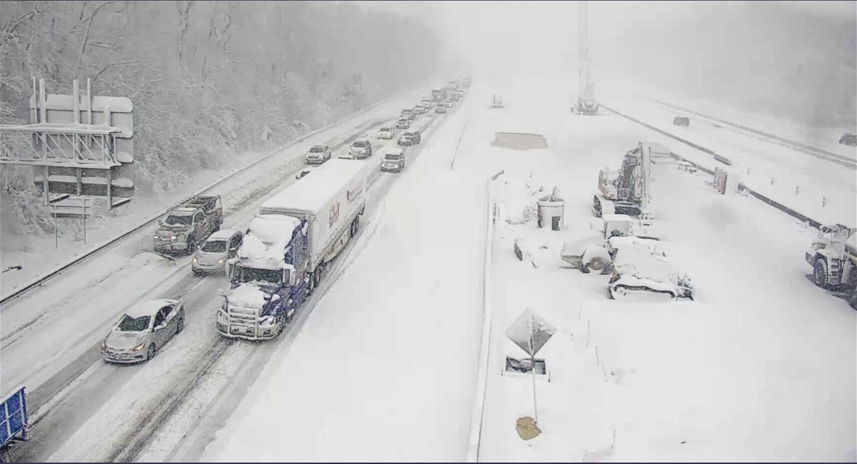 <i>Virginia Department of Transportation via AP</i><br/>This image provided by the Virginia Department of Transportation shows a closed section of Interstate 95 near Fredericksburg