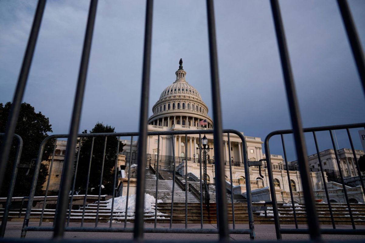 <i>Drew Angerer/Getty Images</i><br/>Security bike fences stand near the West Front of the Capitol on January 5