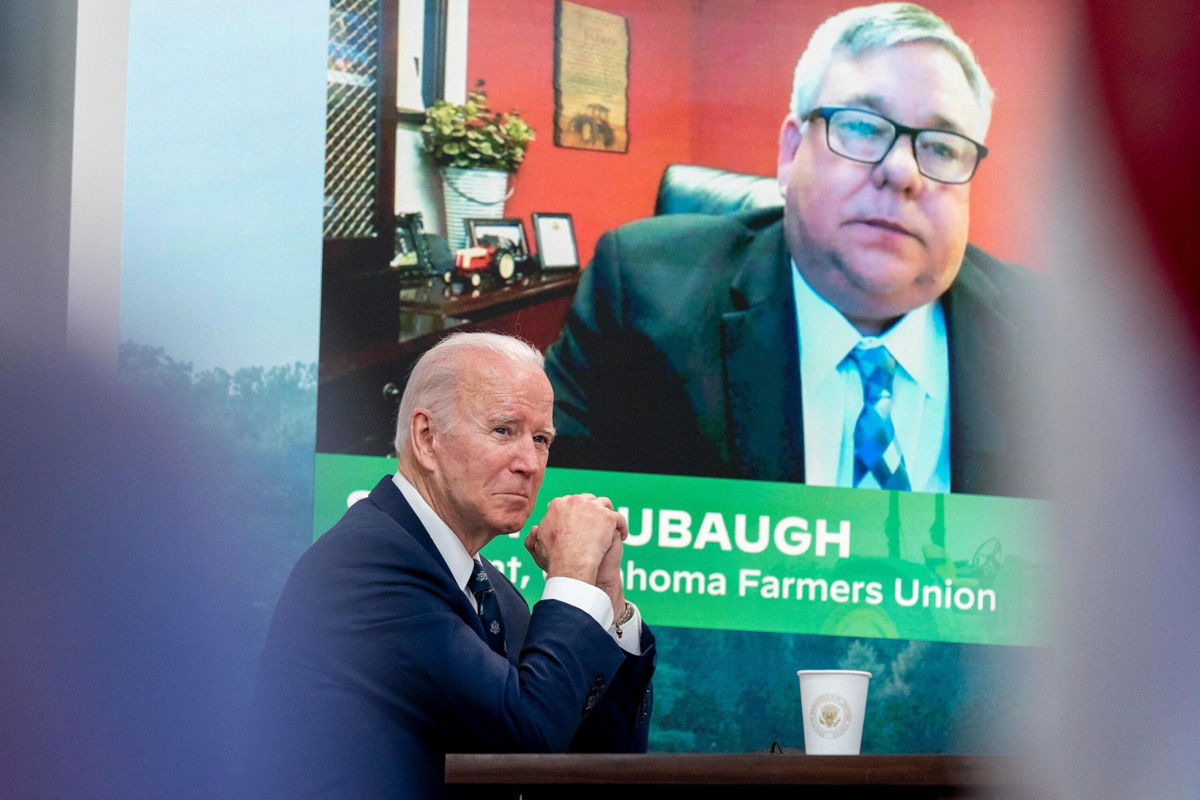 <i>Andrew Harnik/AP</i><br/>President Joe Biden attends a virtual meeting with family and independent farmers and ranchers including Scott Blubaugh
