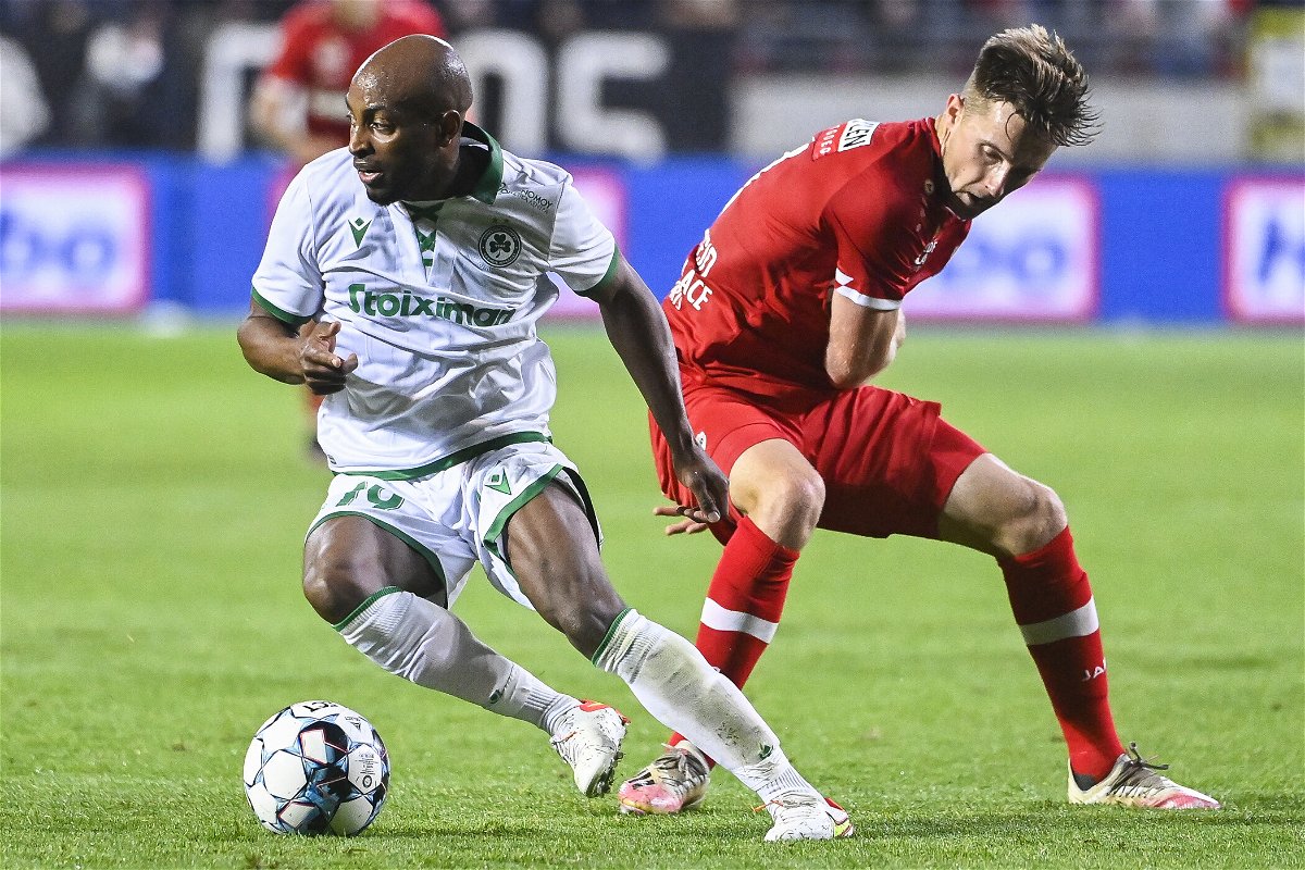 <i>Laurie Dieffembacq/BELGA/AFP/Getty Images</i><br/>Bachirou (left) competes for the ball while playing for Omonia last August.