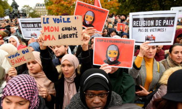 People demonstrate against Islamophobia in the Place de la République in Paris on October 19