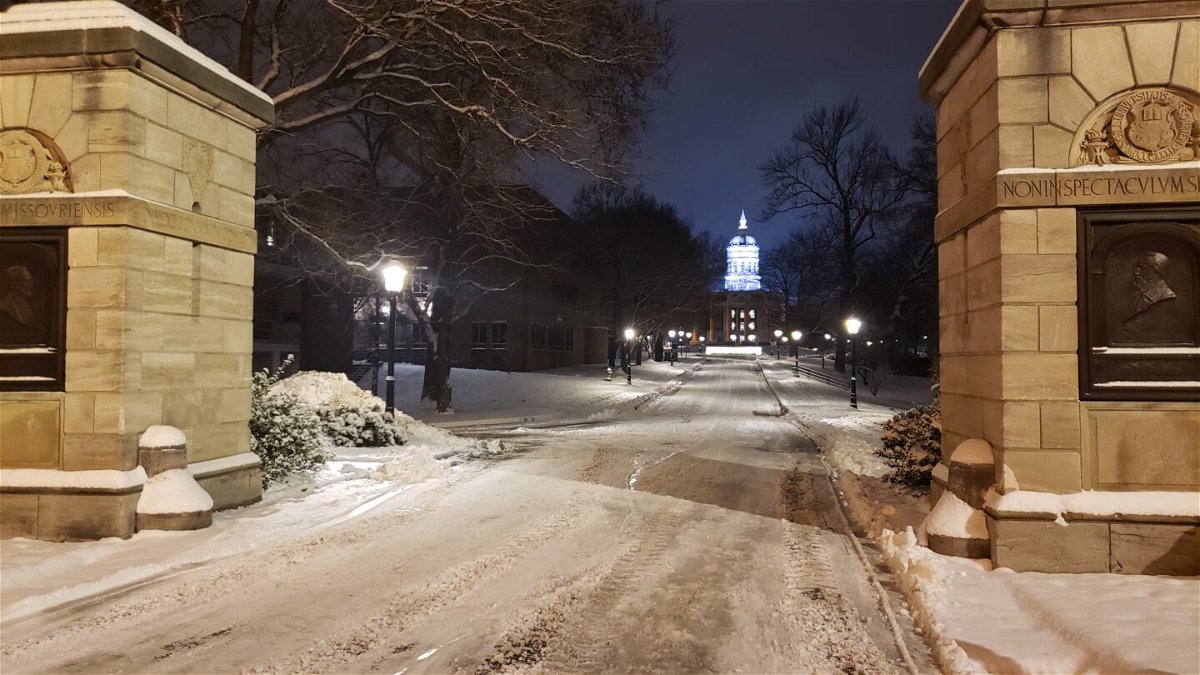 Snow covers the ground on the University of Missouri campus on Jan. 31, 2022. 