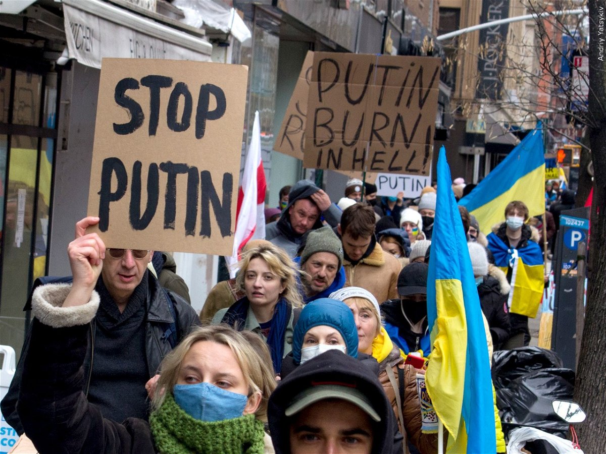 People in New York City protest the Russian invasion on Thursday, Feb. 25. 2022.