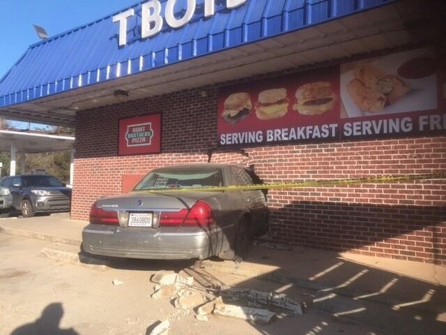 <i>WALA</i><br/>An automobile that crashed into a Bellingrath Road business Saturday night remained embedded halfway into the brick wall Monday morning.