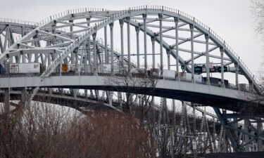 Trucks lined up at the Blue Water Bridge that connects Port Huron