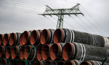 High tension power lines near pipe sections in storage for the Nord Stream 2 undersea gas pipeline at Mukran Port in Sassnitz