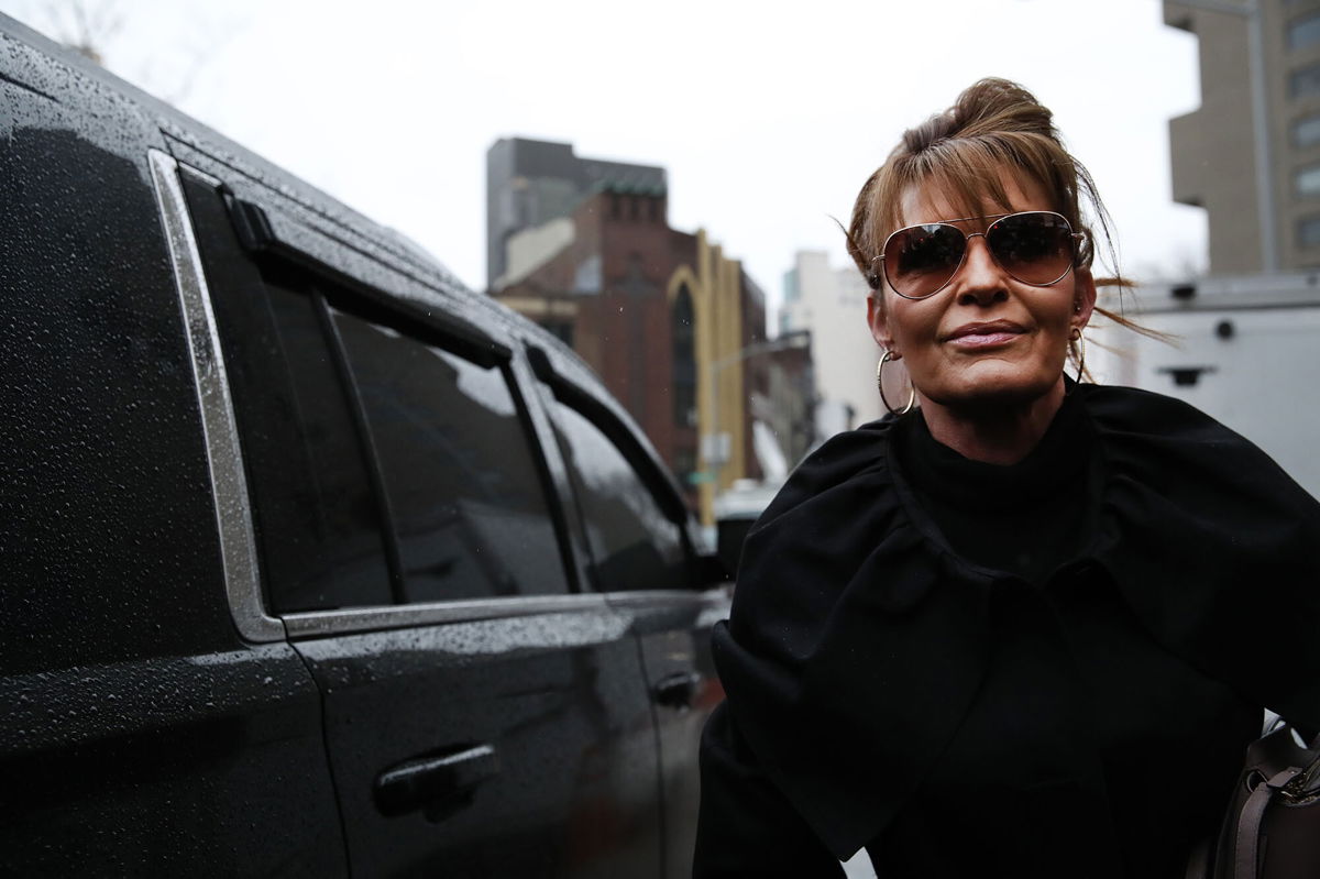 <i>Spencer Platt/Getty Images</i><br/>Former Alaska Governor Sarah Palin arrives at a federal court in Manhattan on February 3 in New York City to resume a case against the New York Times after it was postponed because she tested positive for Covid-19.
