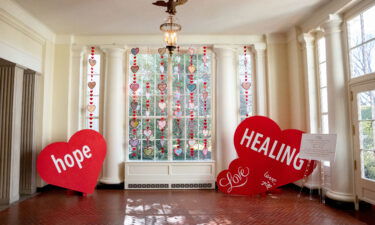 The East Wing landing is decorated for Valentine's Day on Friday