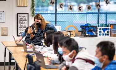 Students and a teacher at the Vista View Middle School in Huntington Beach