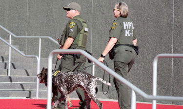 Houston Police Dept. explosive detection dogs Betti and Baron patrol SoFi Stadium prior to Super Bowl LVI.