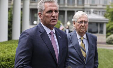 U.S. House Minority Leader Kevin McCarthy (left) speaks to members of the media as Senate Minority Leader Mitch McConnell (right) listens after a meeting with President Joe Biden at the White House on Wednesday