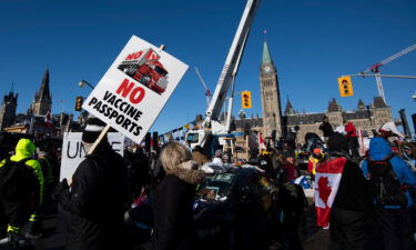 People hold signs and wave flags along Wellington Street in front of Parliament Hill as a protest against COVID-19 restrictions that has gridlocked downtown Ottawa continues into its second week