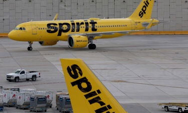 Spirit and Frontier Airlines announced a plan to merge to create America's fifth-largest airline. Pictured are Spirit Airlines planes on the tarmac at the Fort Lauderdale-Hollywood International Airport on February 07.