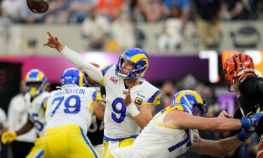 Los Angeles Rams quarterback Matthew Stafford (9) passes against the Cincinnati Bengals during the first half of the NFL Super Bowl 56 football game Sunday