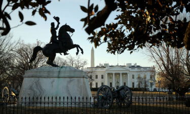 A statue of Andrew Jackson at the Battle of New Orleans occupies the center of Lafayette Square on the north side of the White House on January 20