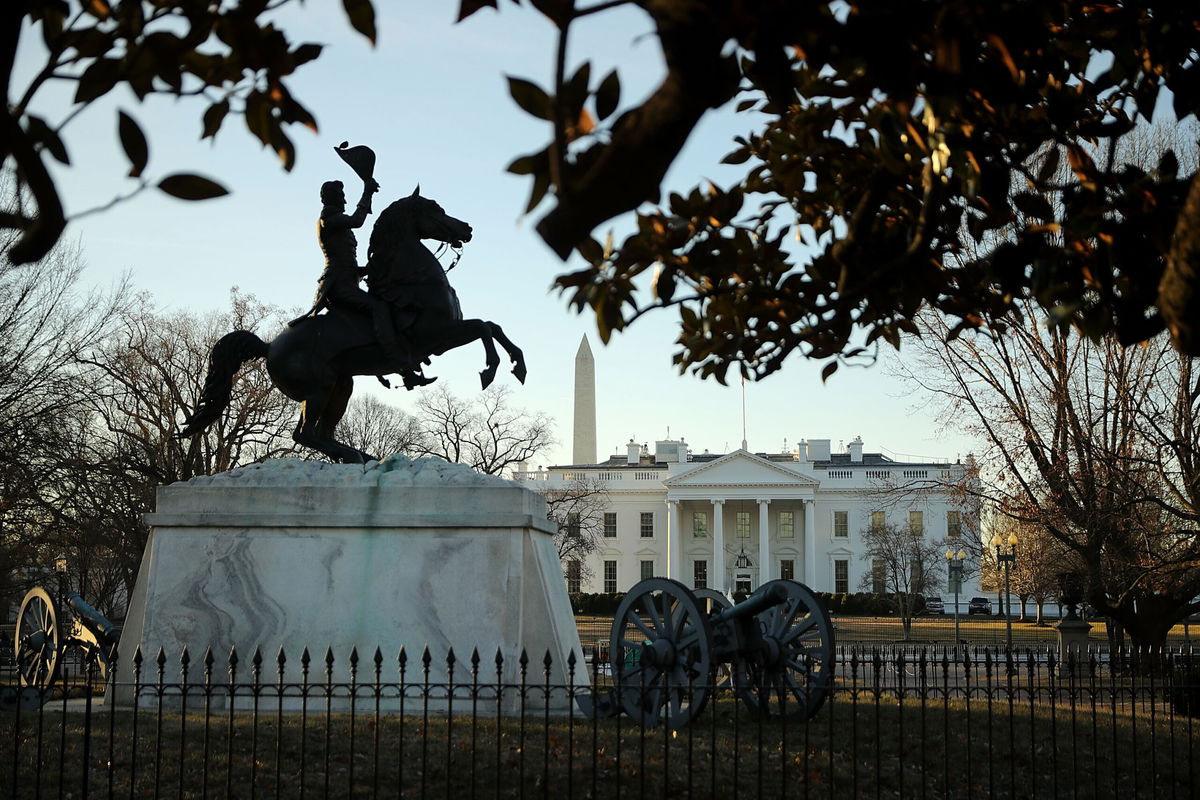 <i>Chip Somodevilla/Getty Images</i><br/>A statue of Andrew Jackson at the Battle of New Orleans occupies the center of Lafayette Square on the north side of the White House on January 20