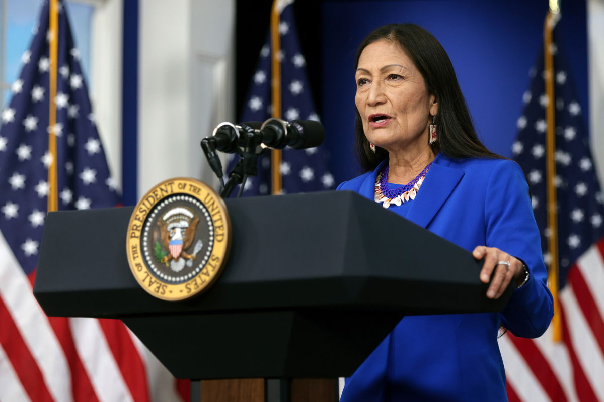 <i>Alex Wong/Getty Images</i><br/>US Interior Secretary Deb Haaland is pictured here at the 2021 Tribal Nations Summit in November 2021.