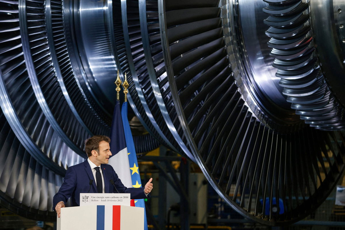 <i>JEAN-FRANCOIS BADIAS/AFP/POOL/AFP/Getty Images</i><br/>French President Emmanuel Macron delivers a speech at the GE Steam Power System main production site for its nuclear turbine systems on February 10