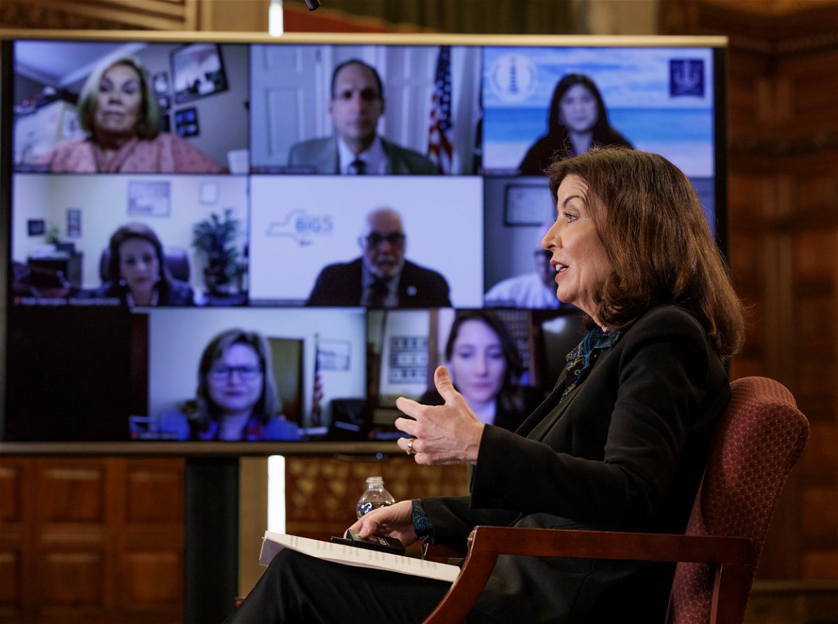 <i>Mike Groll/Office of Governor Kathy Hochul</i><br/>Gov. Kathy Hochul meets virtually with leadership from education groups including school superintendents