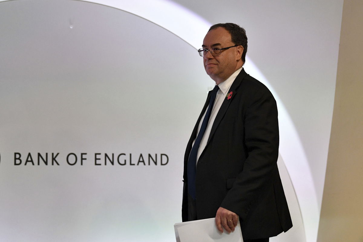<i>Justin Tallis/AP</i><br/>Governor of the Bank of England Andrew Bailey arrives for a press conference.