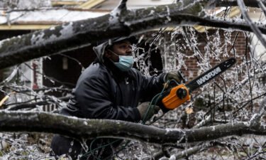 A man works to clear a downed tree on February 3 in Memphis