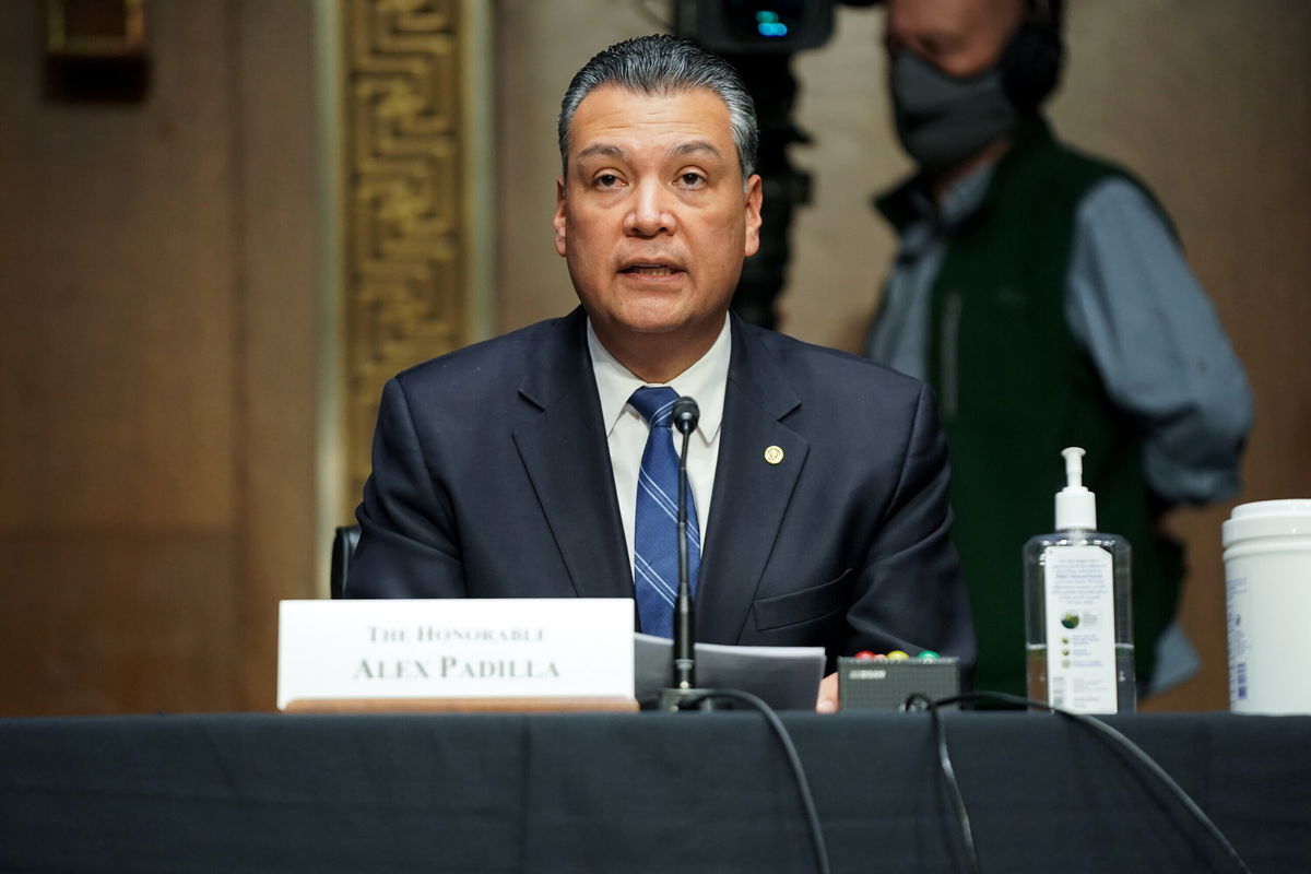 <i>Pool/Getty Images North America/Getty Images</i><br/>Sen. Alex Padilla (D-CA) introduces Xavier Becerra