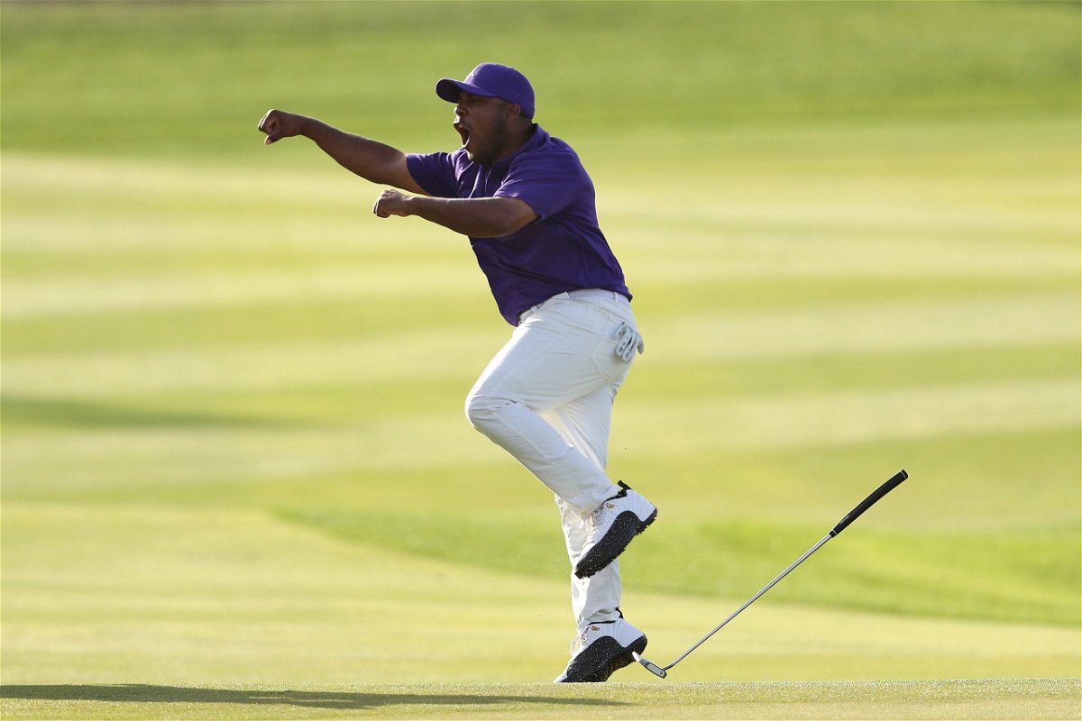 <i>Oisin Keniry/Getty Images</i><br/>Harold Varner III celebrates after sinking an eagle putt on the 18th to win the Saudi International.