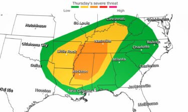 The projected threat of severe storms for the Mid-South and Southeast Thursday.