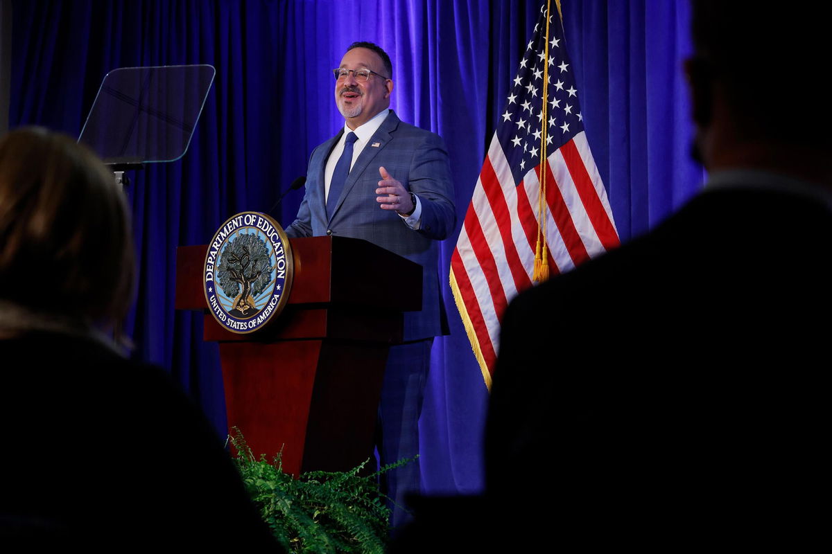 <i>Chip Somodevilla/Getty Images</i><br/>Education Secretary Miguel Cardona delivers remarks at the department's Lyndon Baines Johnson Building on January 27