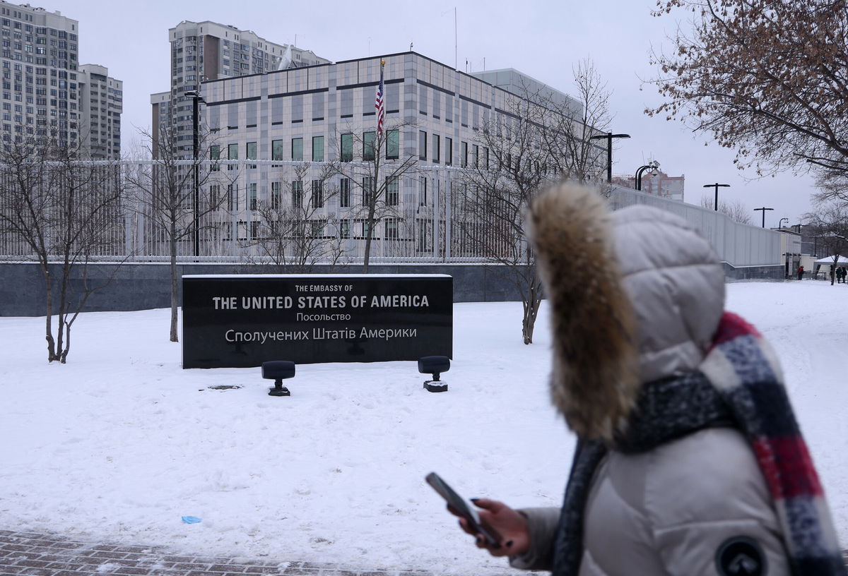 <i>Sean Gallup/Getty Images</i><br/>US orders evacuation of most embassy staff in Ukraine as fears of a Russian invasion grow. This image shows the U.S. Embassy on January 24